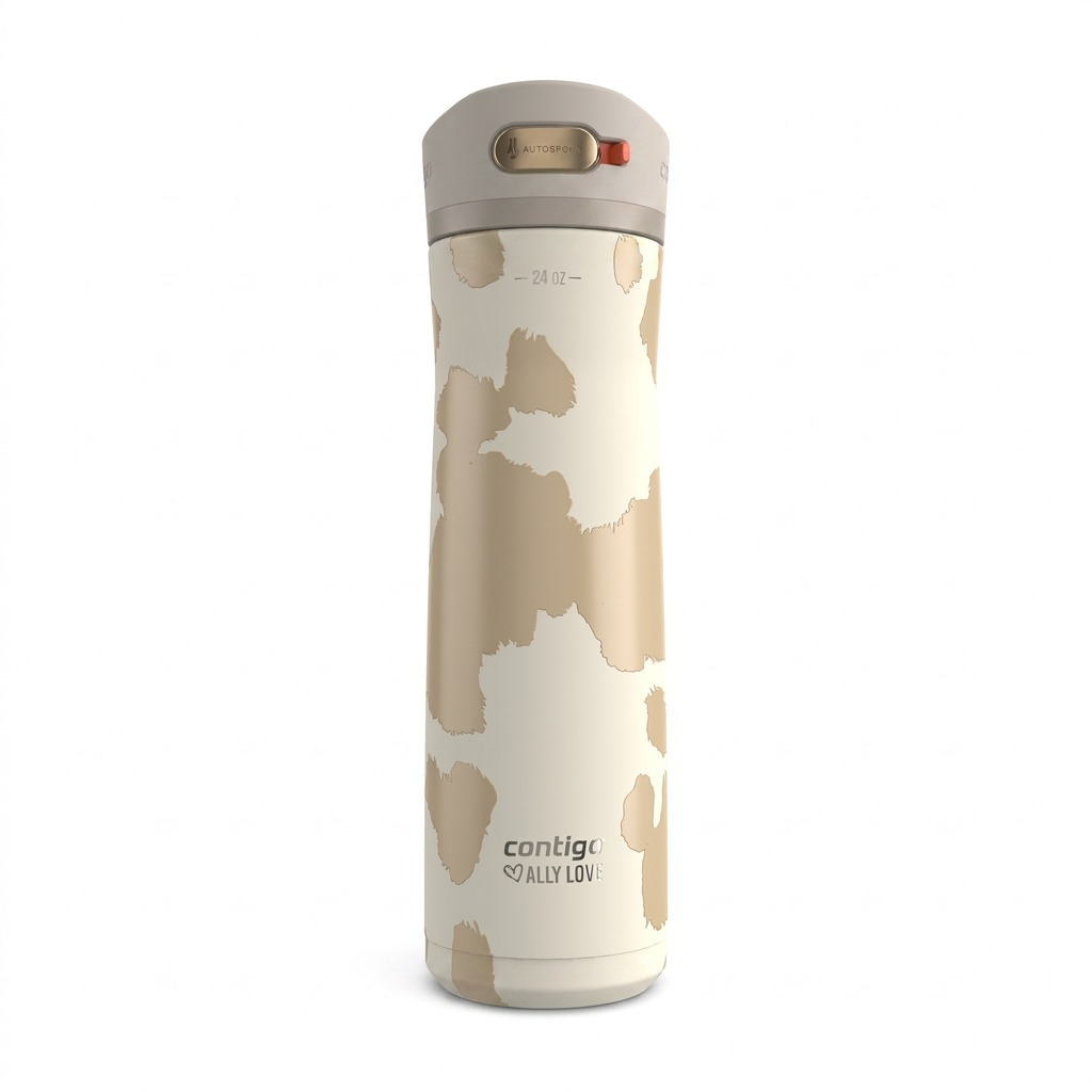 Contigo x Ally Love Ashland Chill 2.0 24oz water bottle in Oatmilk with cow print and Autospout lid.