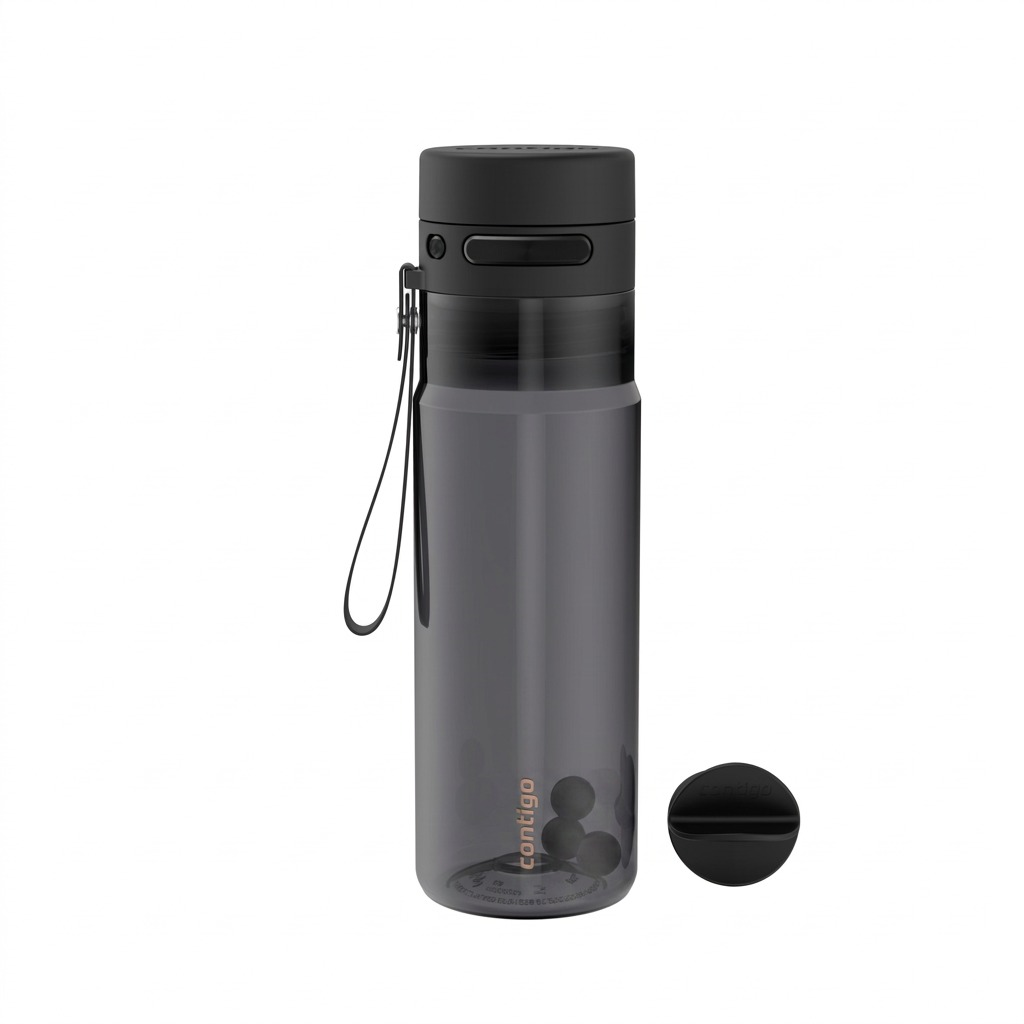 Contigo 24oz AutoPop water bottle in Licorice plastic with a leak-proof lid and agitator ball.