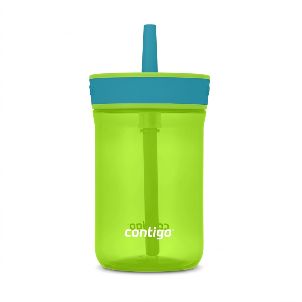 Contigo Kids' Leighton 14oz water bottle in translucent Cool Lime green with a Juniper blue straw.