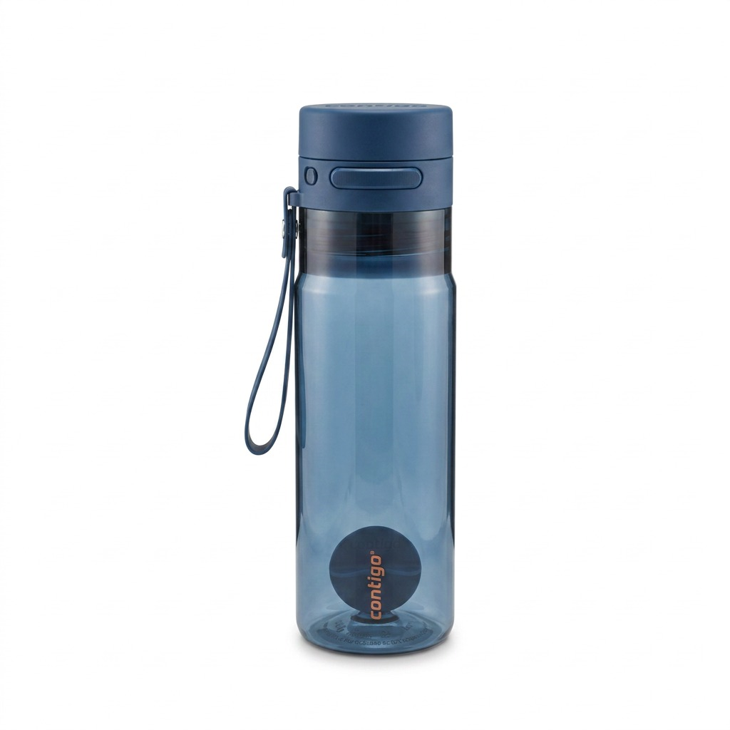 Contigo 24 oz AutoPop Shaker Bottle in Abyss blue plastic with weighted agitator ball and carry loop.