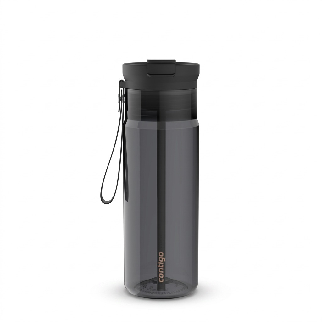 Contigo 24 oz Dual Sip plastic water bottle in Licorice Black with straw lid and carrying loop.