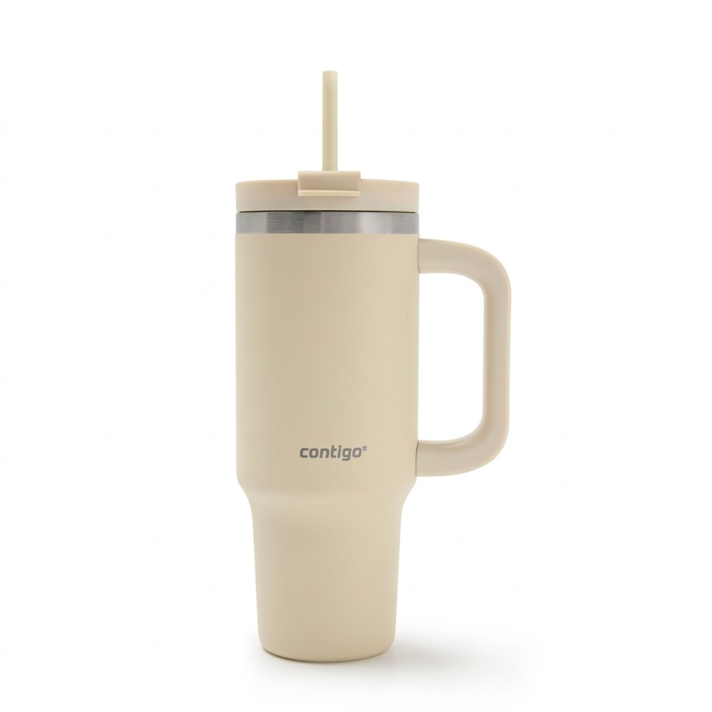 Contigo Streeterville 30 oz insulated tumbler in Oatmilk with handle, lid, and straw on white.