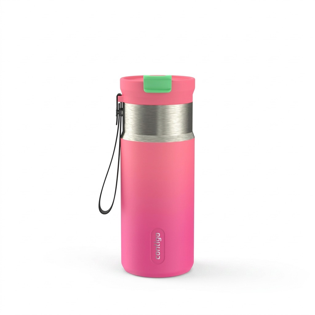 Pure high-resolution hero shot of the Contigo 16 oz Tween Dual Sip Ombre bottle with strap in Sparkgleam pink-to-light pink gradient.