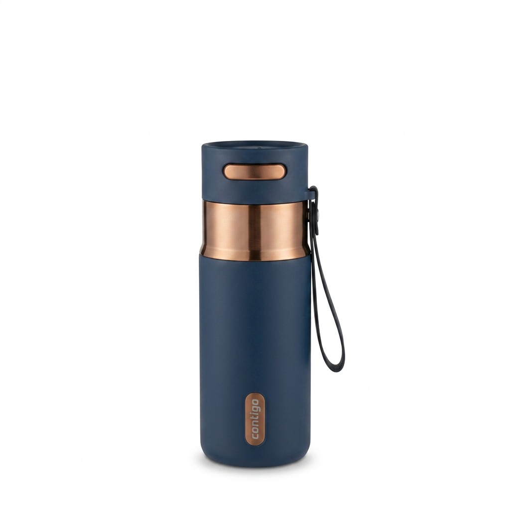 Contigo 16 oz Autoseal PVD travel mug in Abyss blue with metallic copper accents and carry loop.