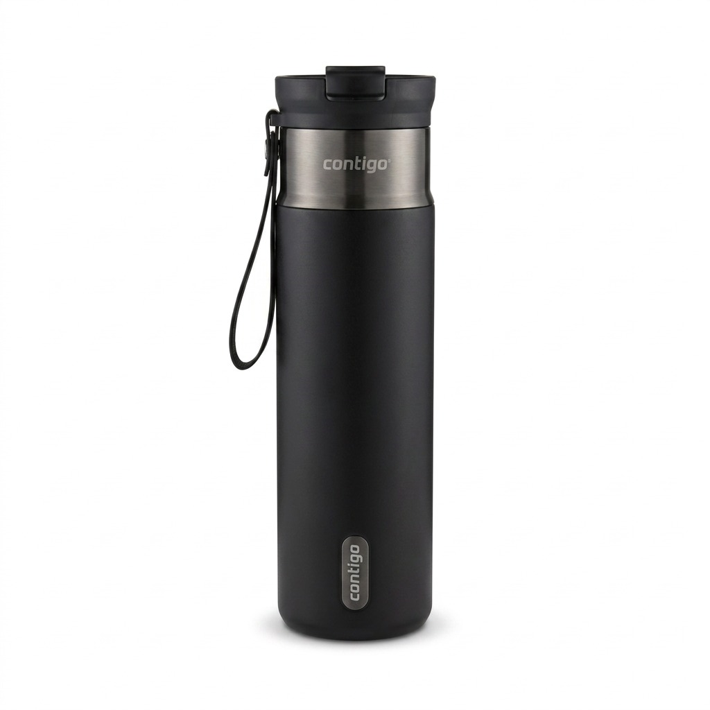 Contigo 24oz Dual Sip PVD water bottle in Licorice Gunmetal with a carry loop on white background.