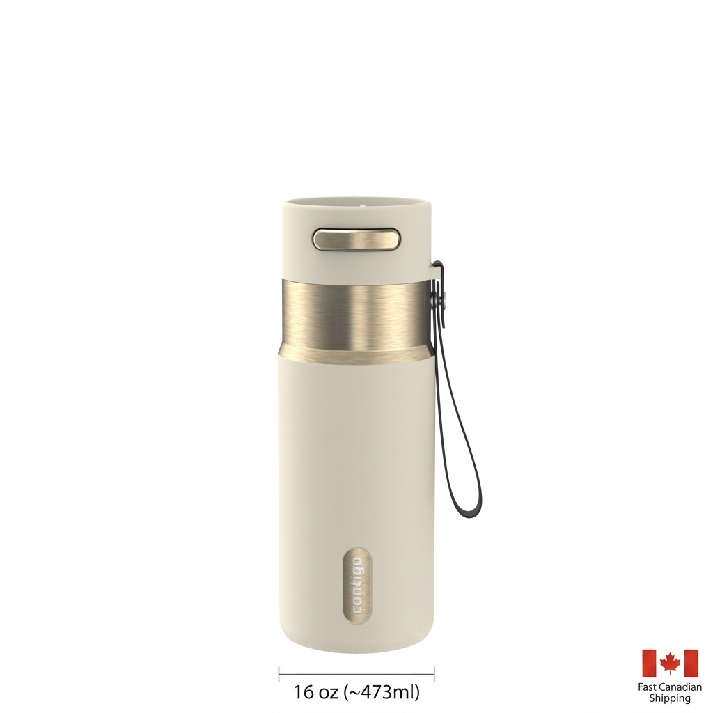 Contigo 16 oz West Loop 2.0 Oatmilk vacuum-insulated mug with gold-tone accents and carrying strap.