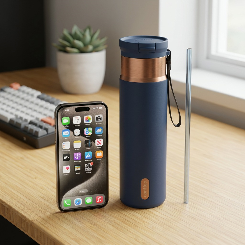 A 24oz navy Contigo SnapSeal bottle on a desk next to a smartphone and metal straw for scale.