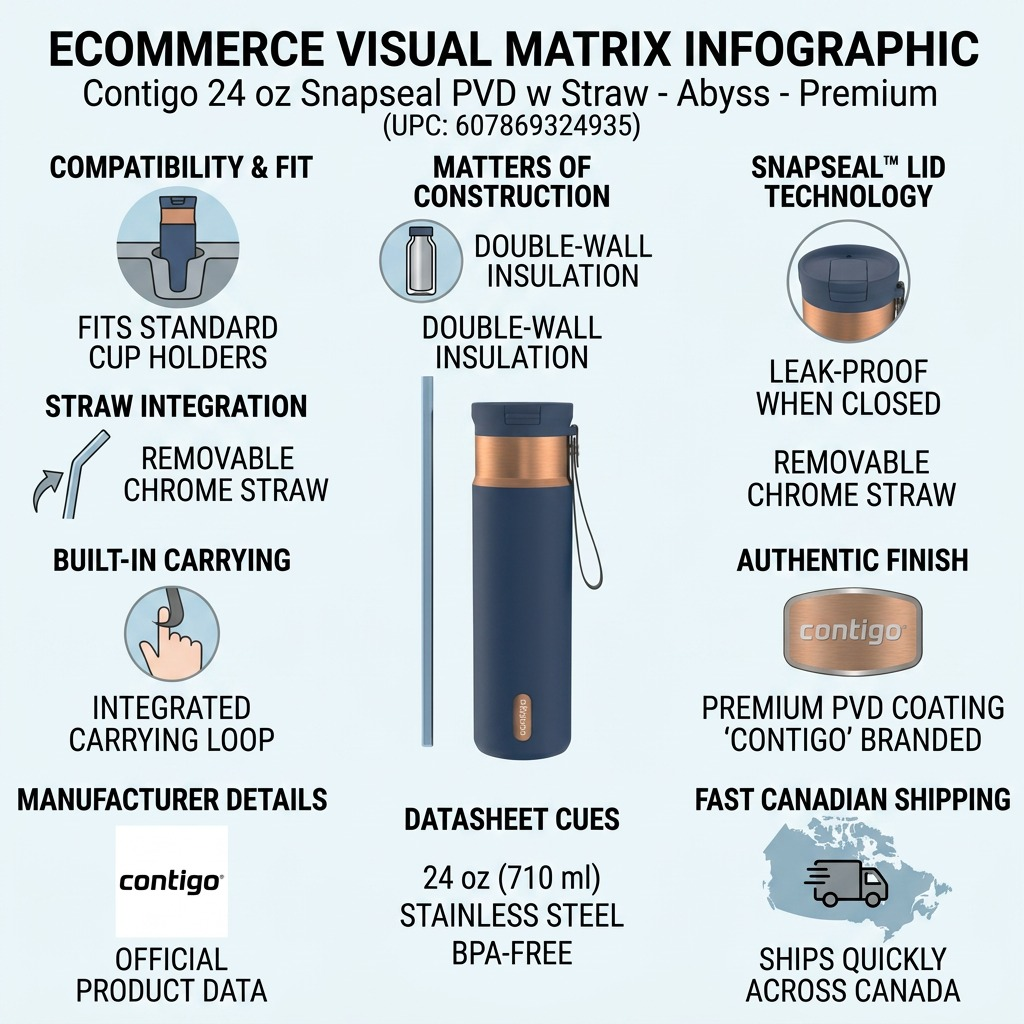 Infographic for Contigo 24oz SnapSeal Abyss bottle shows leak-proof lid and fast Canadian shipping.