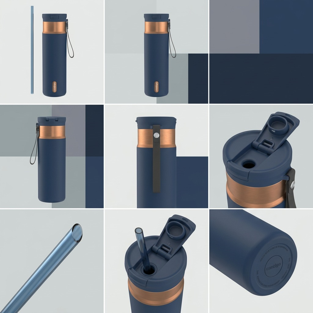 Grid showing the Contigo 24oz SnapSeal Abyss PVD bottle from multiple angles, lid, and straw details.