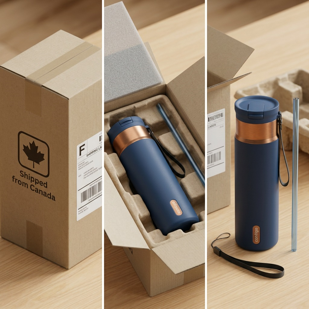 Unboxing of the Contigo 24oz SnapSeal Abyss PVD bottle showing protective Canadian shipping box.
