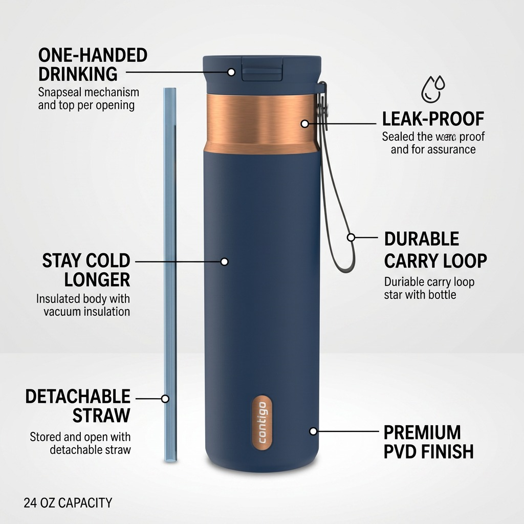 Contigo 24oz Abyss bottle feature callouts: SnapSeal lid, leak-proof design, and detachable straw.