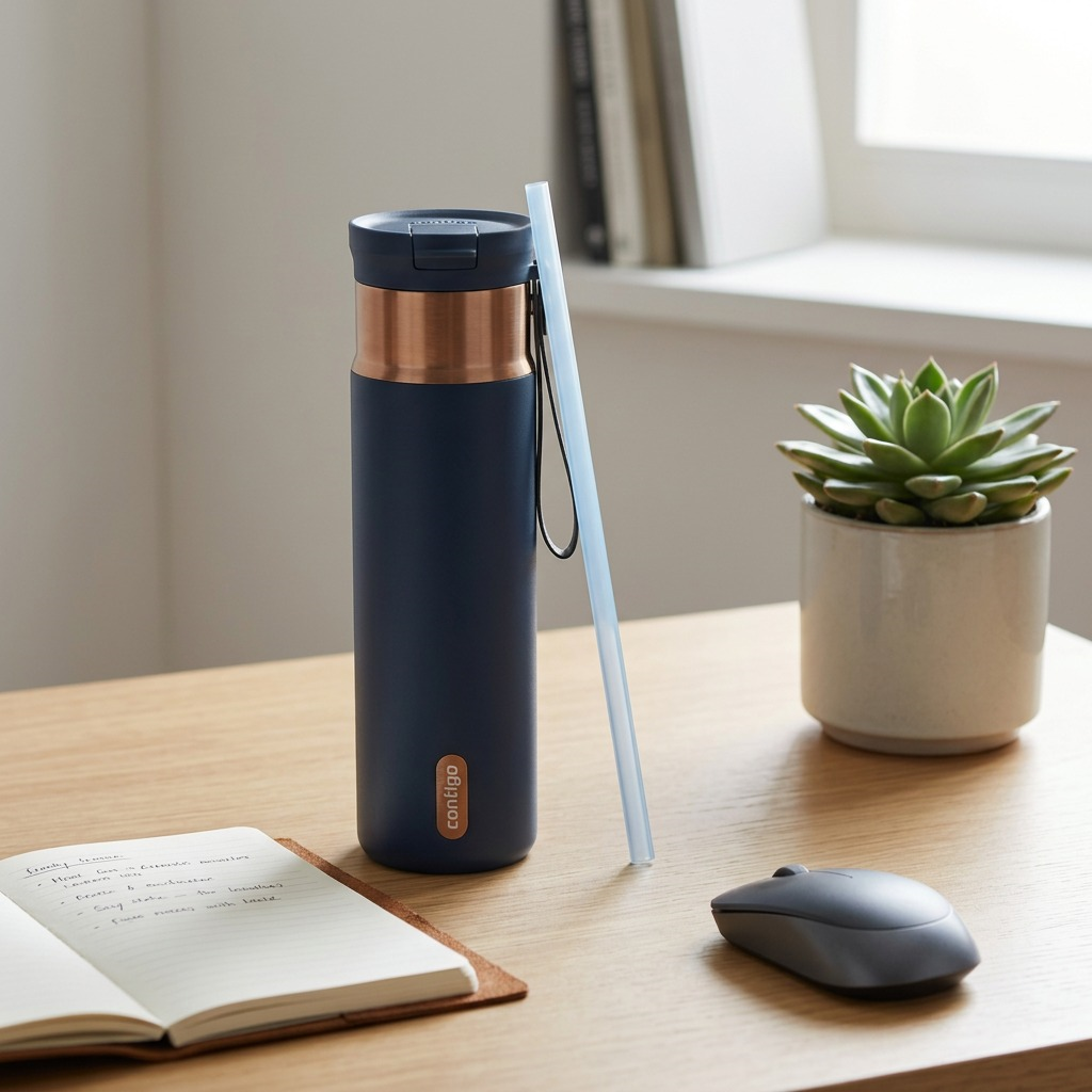 A navy Contigo 24oz SnapSeal bottle with copper trim on an office desk next to a notebook and a reusable straw.