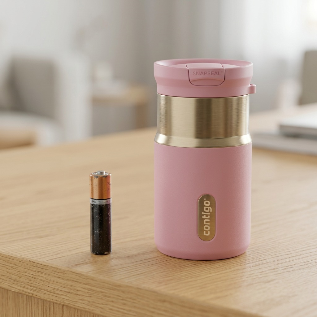 Contigo 10 oz Snapseal travel mug in pink diamond finish standing next to a battery for scale.