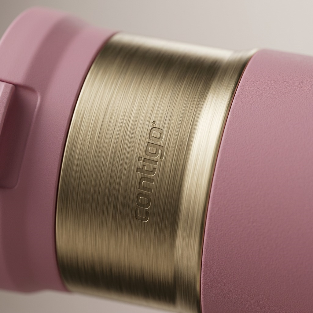 Macro detail of the Contigo 10 oz Snapseal travel mug logo on a brushed gold metallic band.