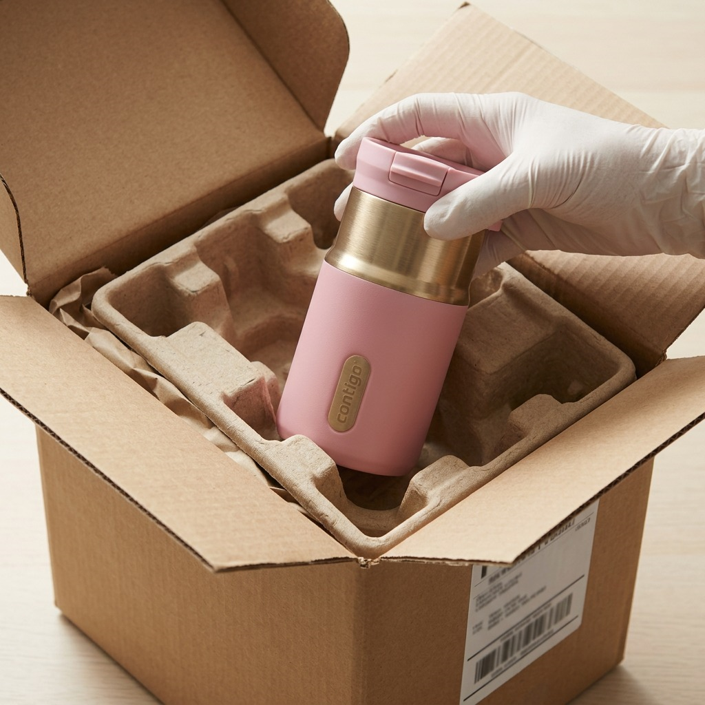 A gloved hand unboxing a Contigo 10 oz Snapseal Pink Diamond travel mug from a secure cardboard box.
