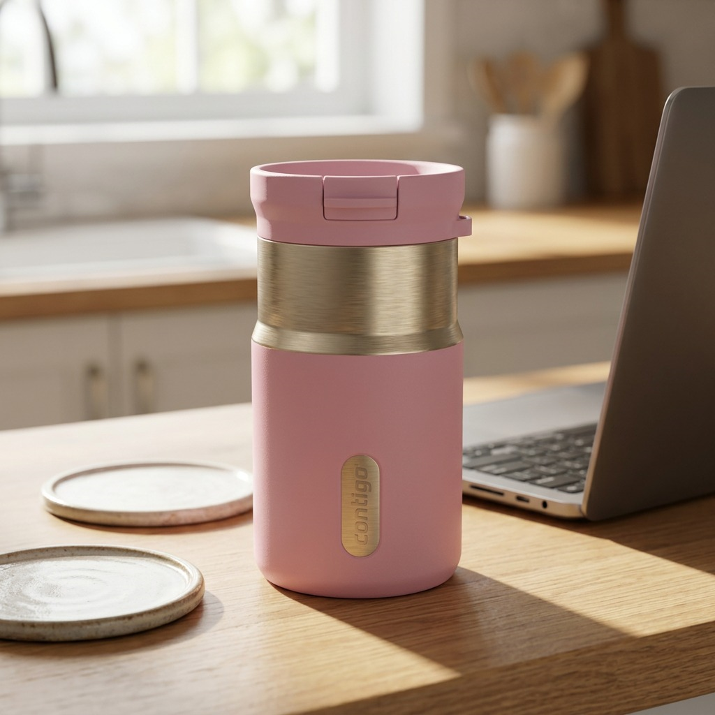 Pink Contigo Snapseal travel mug on a wooden desk near a laptop in a bright kitchen setting.