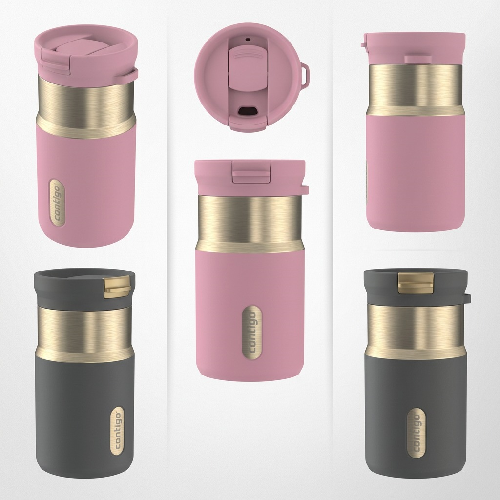 Pink Diamond and grey Contigo 10 oz Snapseal travel mugs shown from various angles in a grid.