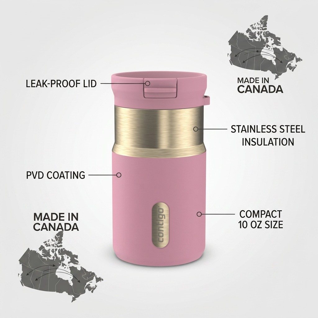 Pink Contigo 10 oz Snapseal travel mug graphic showing leak-proof lid and stainless steel features.