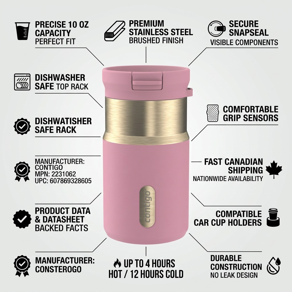 Infographic for Contigo 10 oz Pink Diamond Snapseal Travel Mug detailing its leak-proof design.