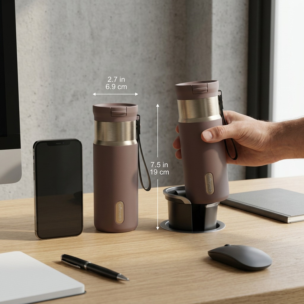 A 16oz Contigo Snapseal Terra mug on a desk, measuring 7.5 inches tall next to a smartphone.