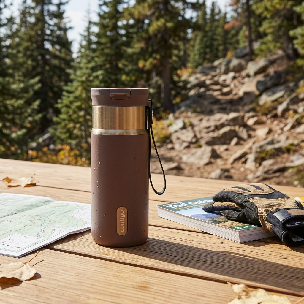 A Contigo Snapseal PVD 16oz travel mug in Terra brown on a wooden table outdoors with a map.