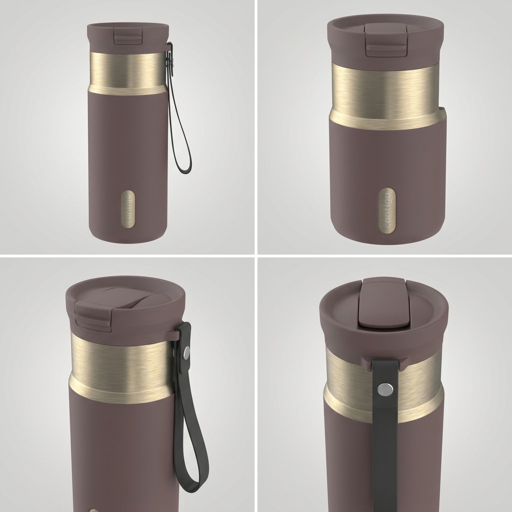 Matrix of the Contigo 16oz Snapseal PVD mug in Terra, showing the lid, carrying strap, and finish.