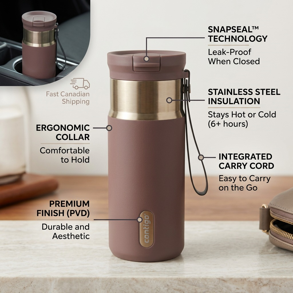 Terra Contigo Snapseal Travel Mug feature callouts: leak-proof lid, PVD finish, and carry cord.