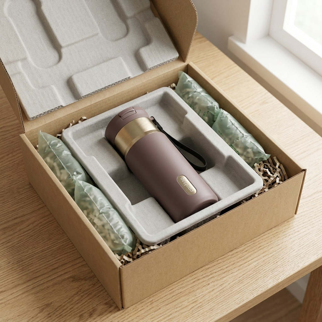 A Contigo Snapseal PVD Terra travel mug securely packed in a shipping box with protective inserts.
