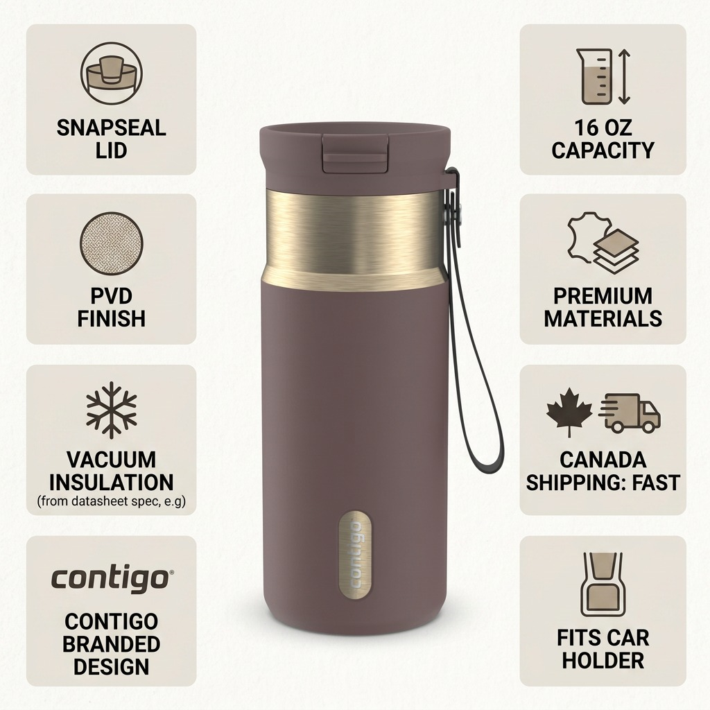 Contigo 16oz Snapseal PVD Terra travel mug infographic showing vacuum insulation and car holder fit.