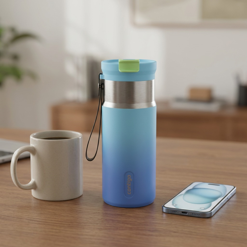 Contigo 16 oz Glacial Blink Ombre water bottle on a desk next to a coffee mug and smartphone.
