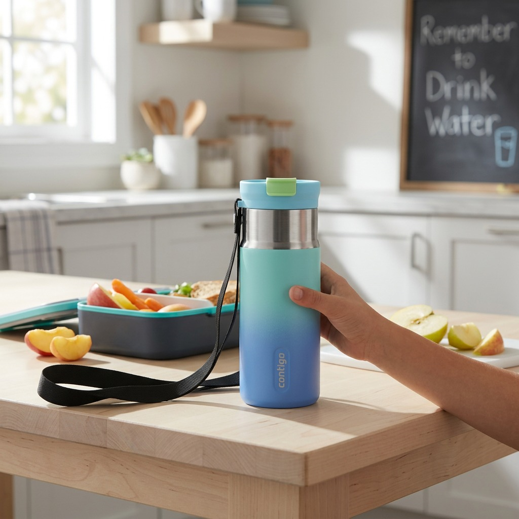 A hand holds a Contigo 16 oz Glacial Blink ombre water bottle with strap on a kitchen table.