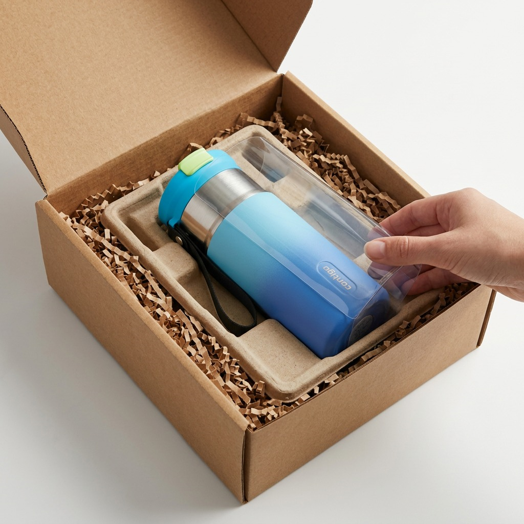 A hand unboxing a blue ombre Contigo 16 oz Dual Sip bottle from a cardboard box with protective fill.