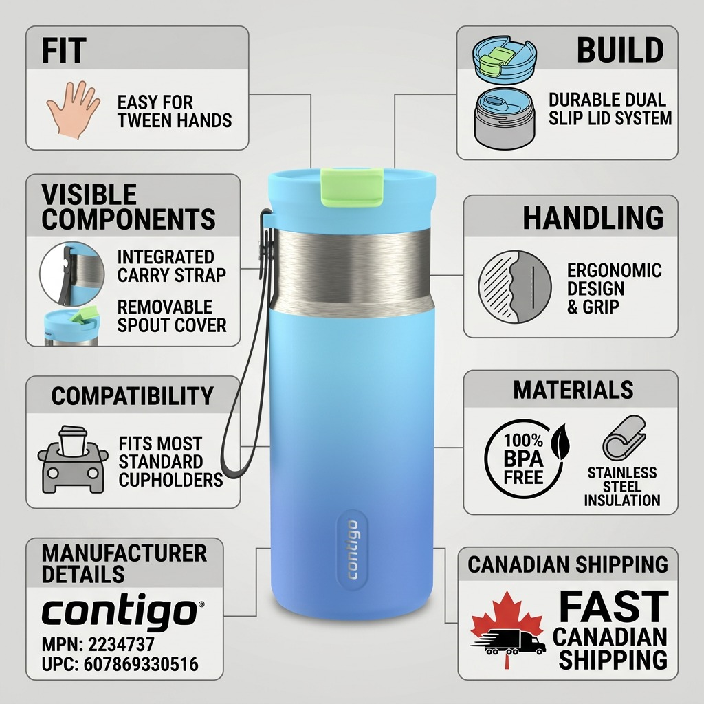 Contigo 16 oz Tween Dual Sip Bottle infographic highlighting BPA-free stainless steel and fast Canadian shipping.