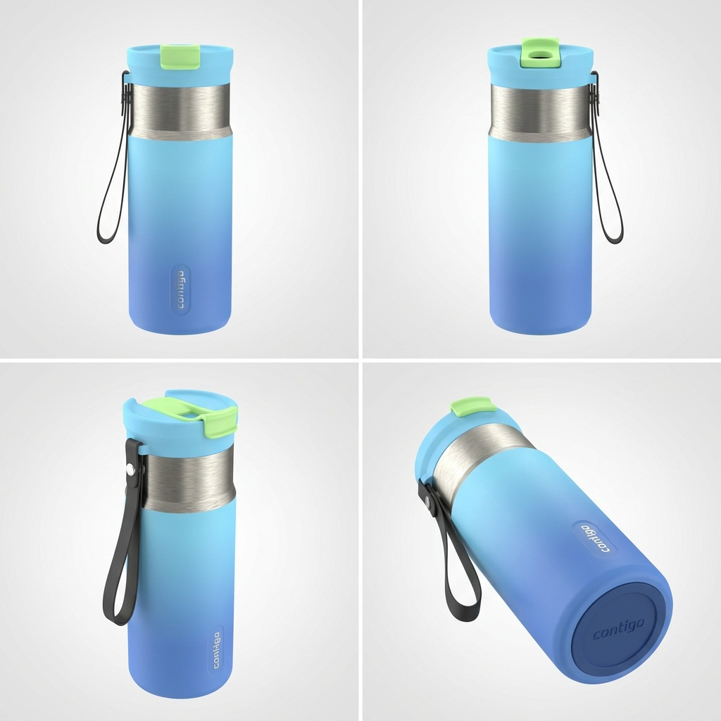 Four views of the Contigo 16 oz Tween Dual Sip water bottle in blue and light blue ombre.