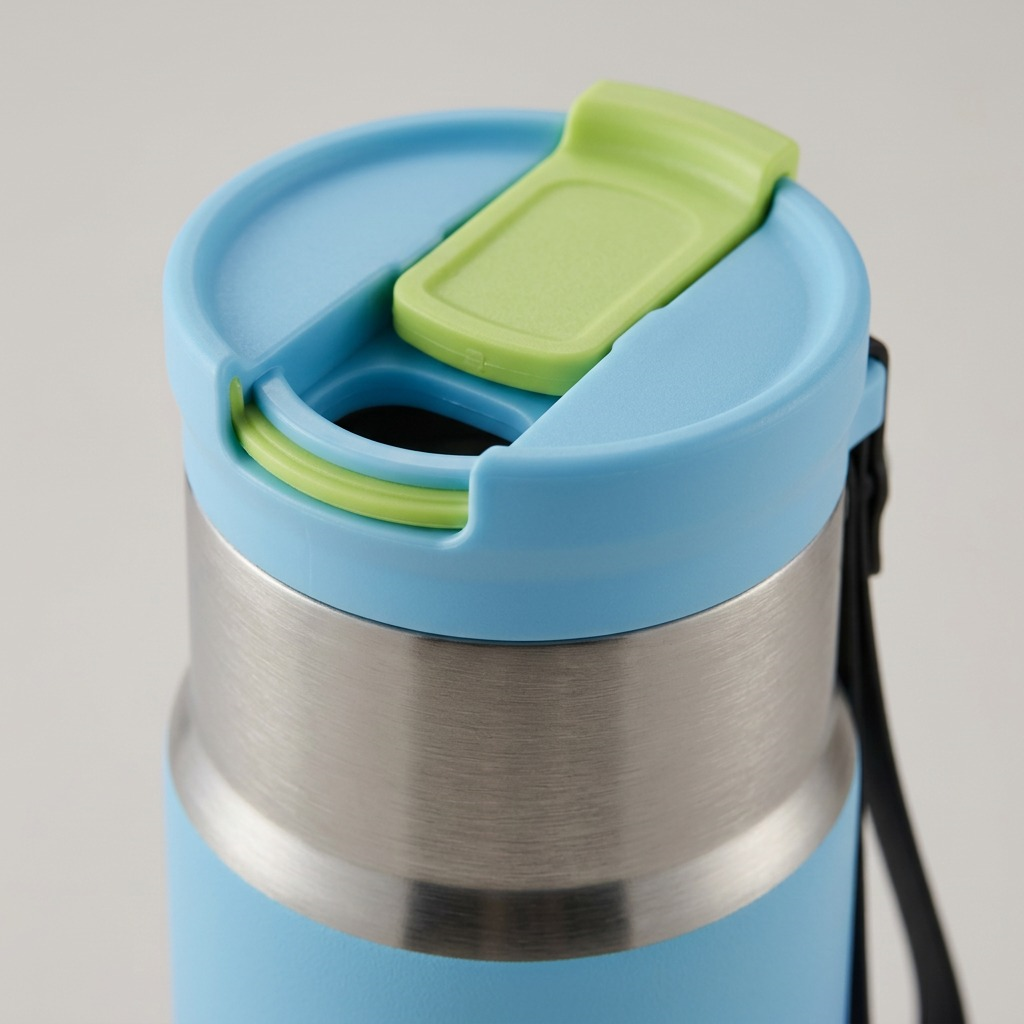 Close-up of the blue and green leak-proof lid and stainless steel rim of the Contigo 16 oz bottle.