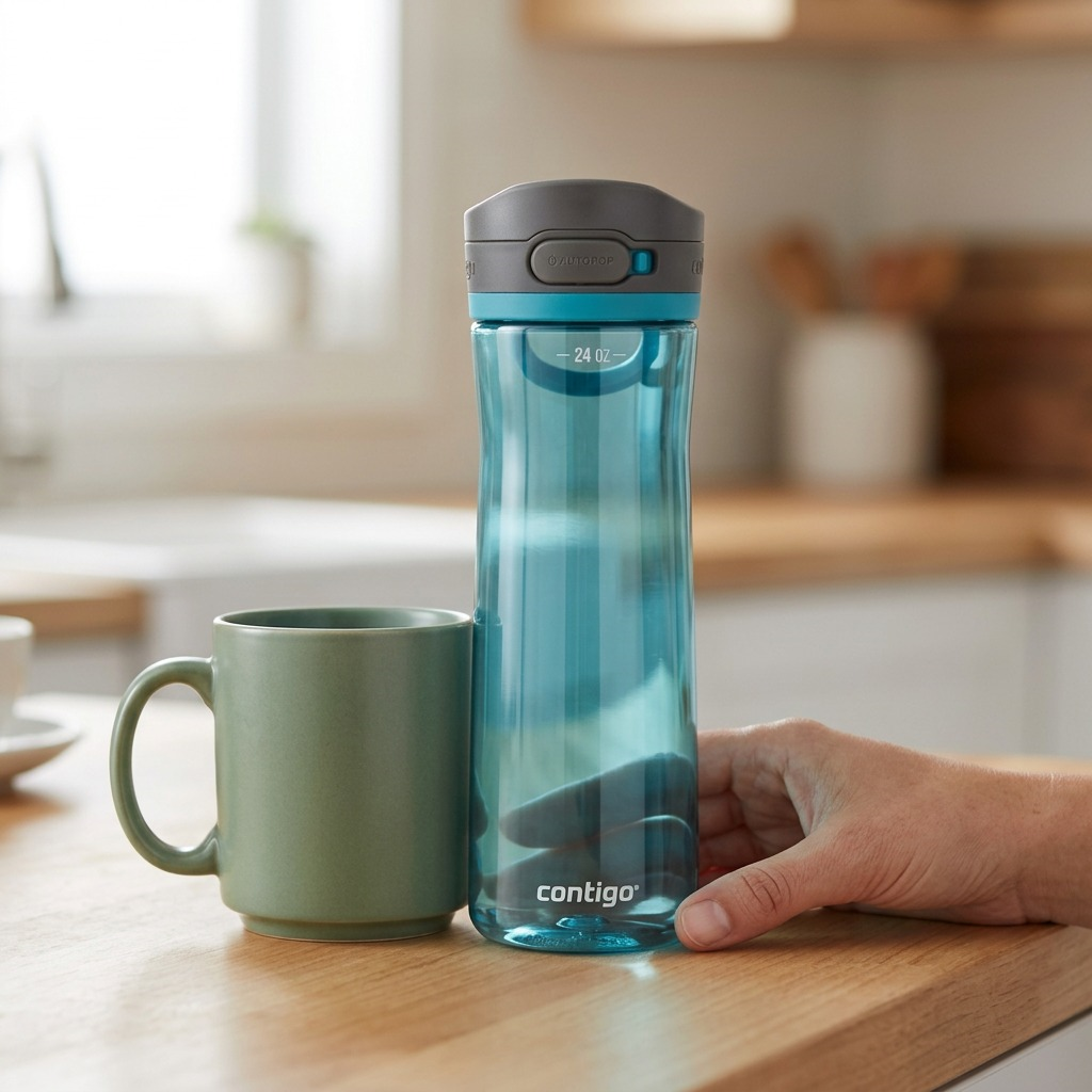 Scale of Contigo Autopop Jackson 2.0 24oz Juniper water bottle beside a ceramic mug on a counter.