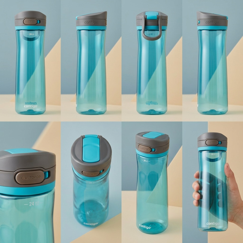 Grid of the Contigo Autopop Jackson 2.0 Juniper 24oz water bottle shown from multiple angles.