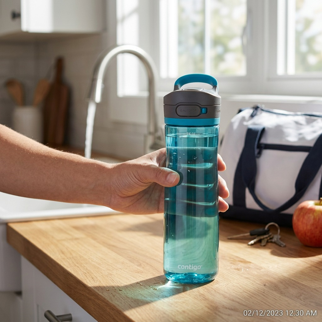A hand holds a 24oz Juniper Contigo Autopop Jackson 2.0 water bottle in a bright kitchen setting.
