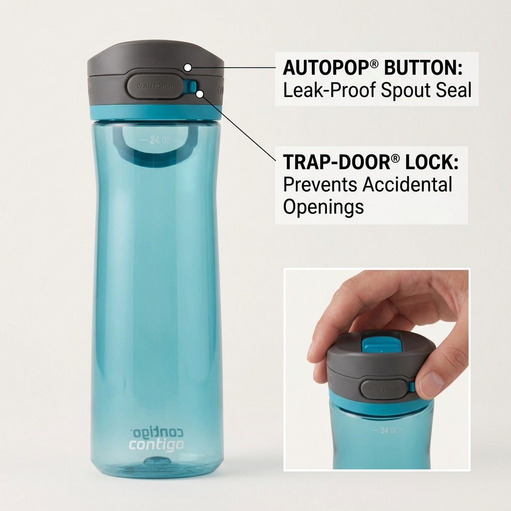 Contigo Autopop Jackson 2.0 24oz Juniper water bottle highlighting the leak-proof Autopop button and Trap-Door lock.