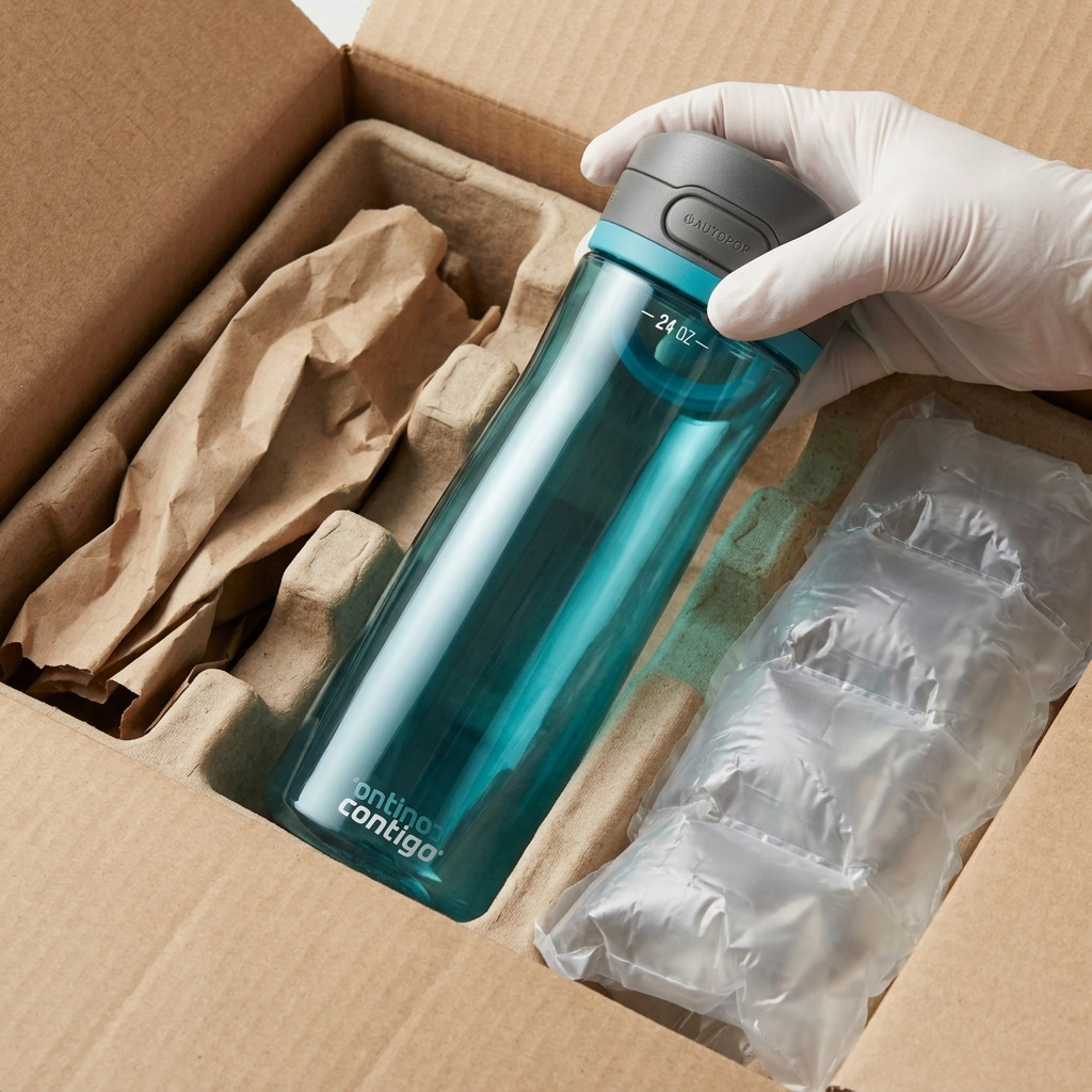 Unboxing a Juniper Contigo Autopop Jackson 2.0 water bottle from protected shipping packaging.