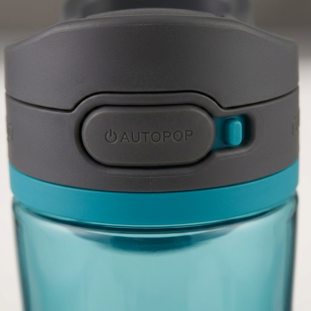 Macro view of the Contigo Autopop Jackson 2.0 lid button and slide lock in Juniper teal and grey.