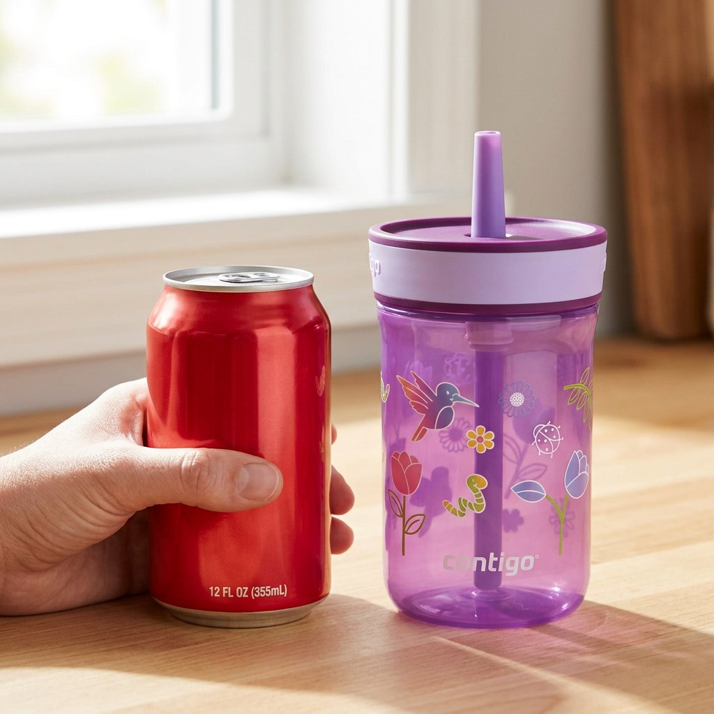 A 14oz Contigo Leighton kids tumbler in Grape Tulips shown next to a 12oz soda can for scale.