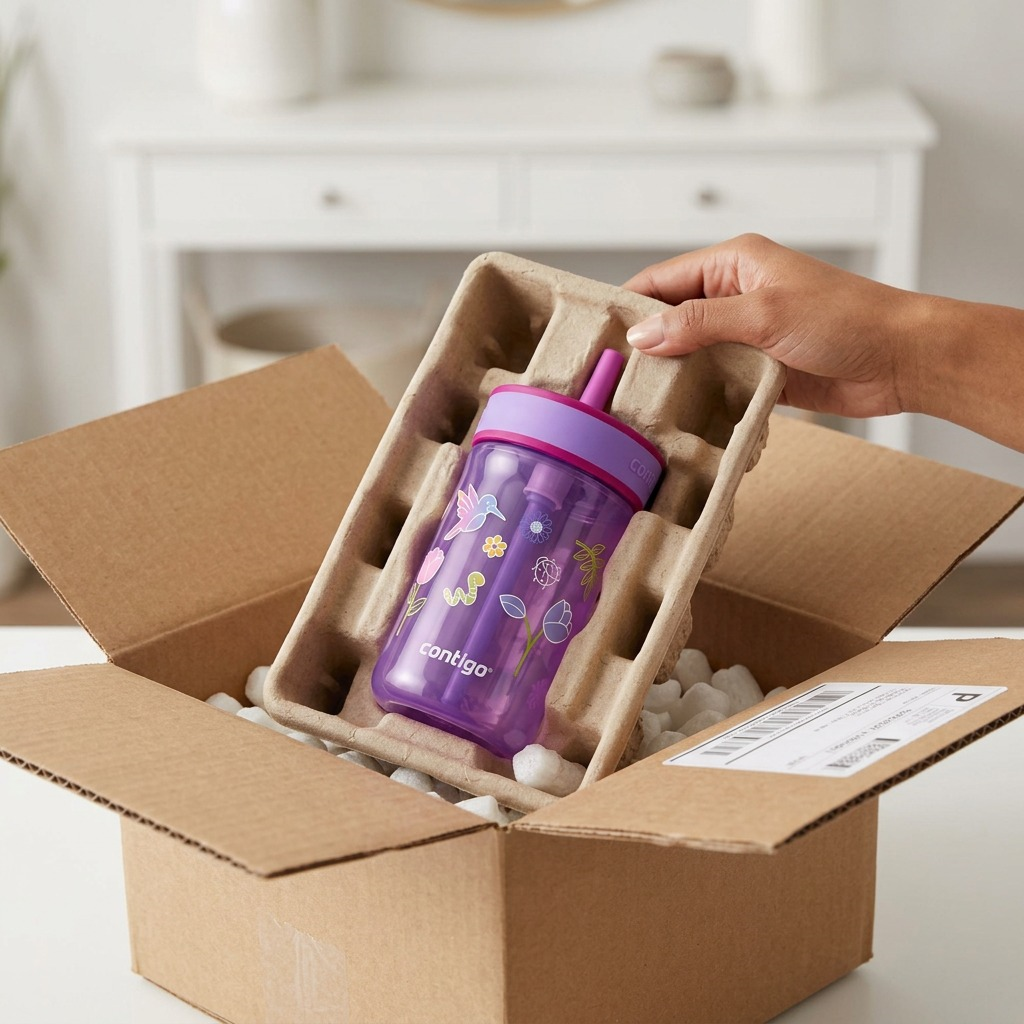 A purple Contigo Leighton Kids Tumbler secured in protective cardboard packaging inside a shipping box.
