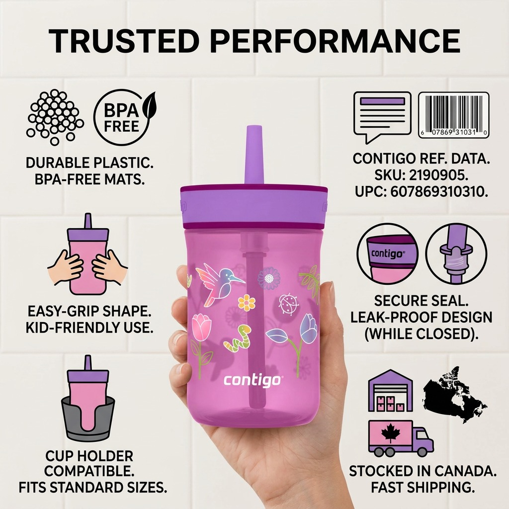 Contigo Leighton 14oz Grape Tulips tumbler infographic highlighting BPA-free, leak-proof features.