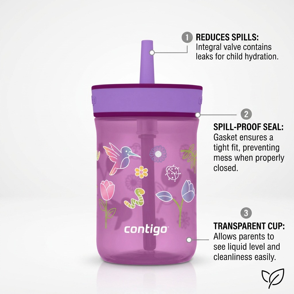A 14oz Contigo Leighton Kids Tumbler in Grape Tulips with diagrams of spill-proof features.