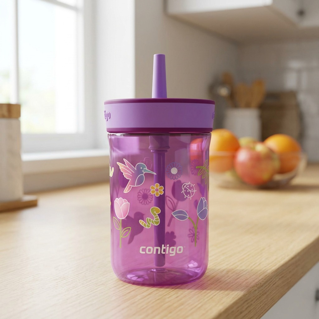 Contigo 14oz Leighton Grape Tulips Kids Straw Tumbler on a bright kitchen counter with fruit.