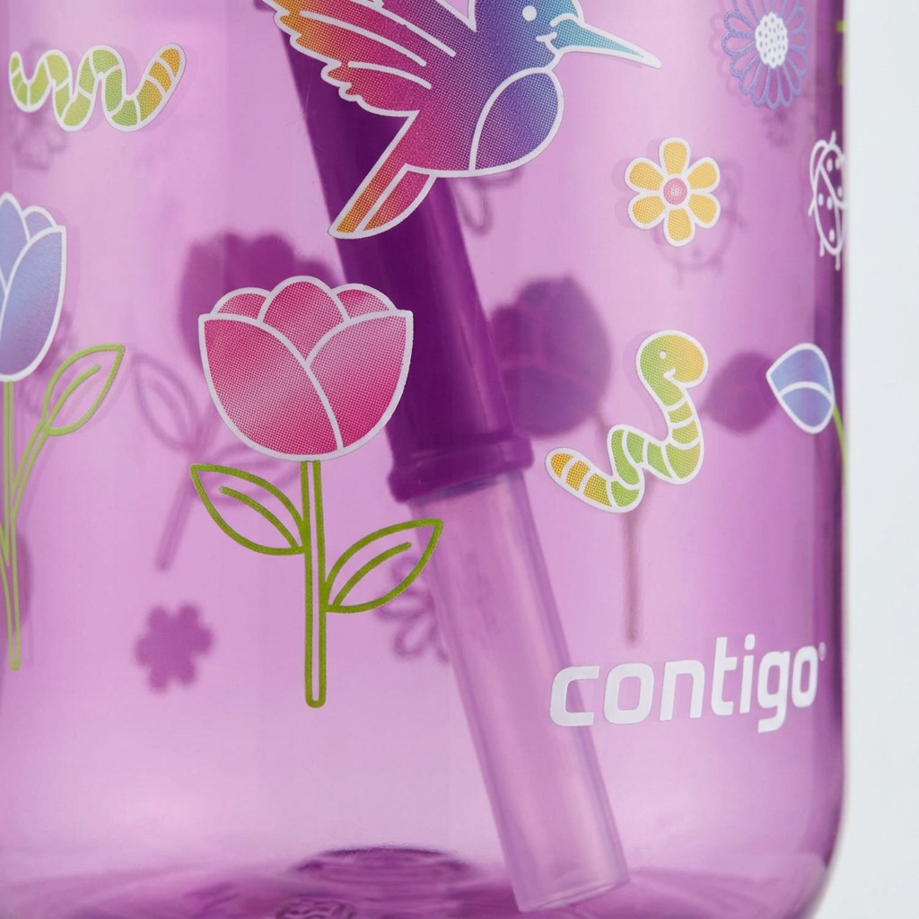 Macro detail of a purple Contigo Leighton tumbler featuring pink tulip, bird, and worm graphics.