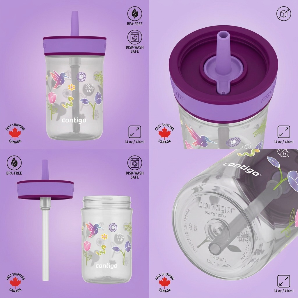 Contigo 14oz Leighton Kids Tumbler in Grape Tulips shown from multiple angles with spill-proof straw.