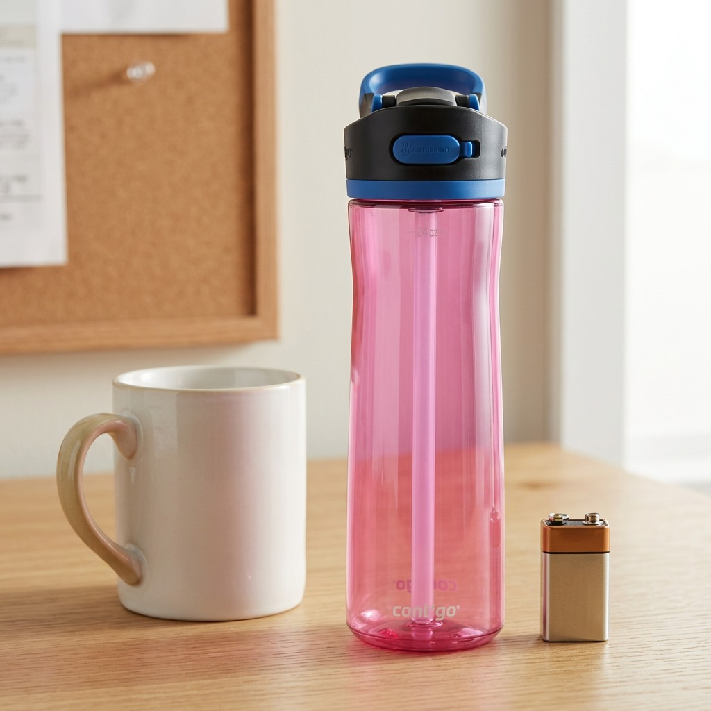 Azalea pink Contigo 24oz Autospout Ashland 2.0 water bottle next to a coffee mug for scale.