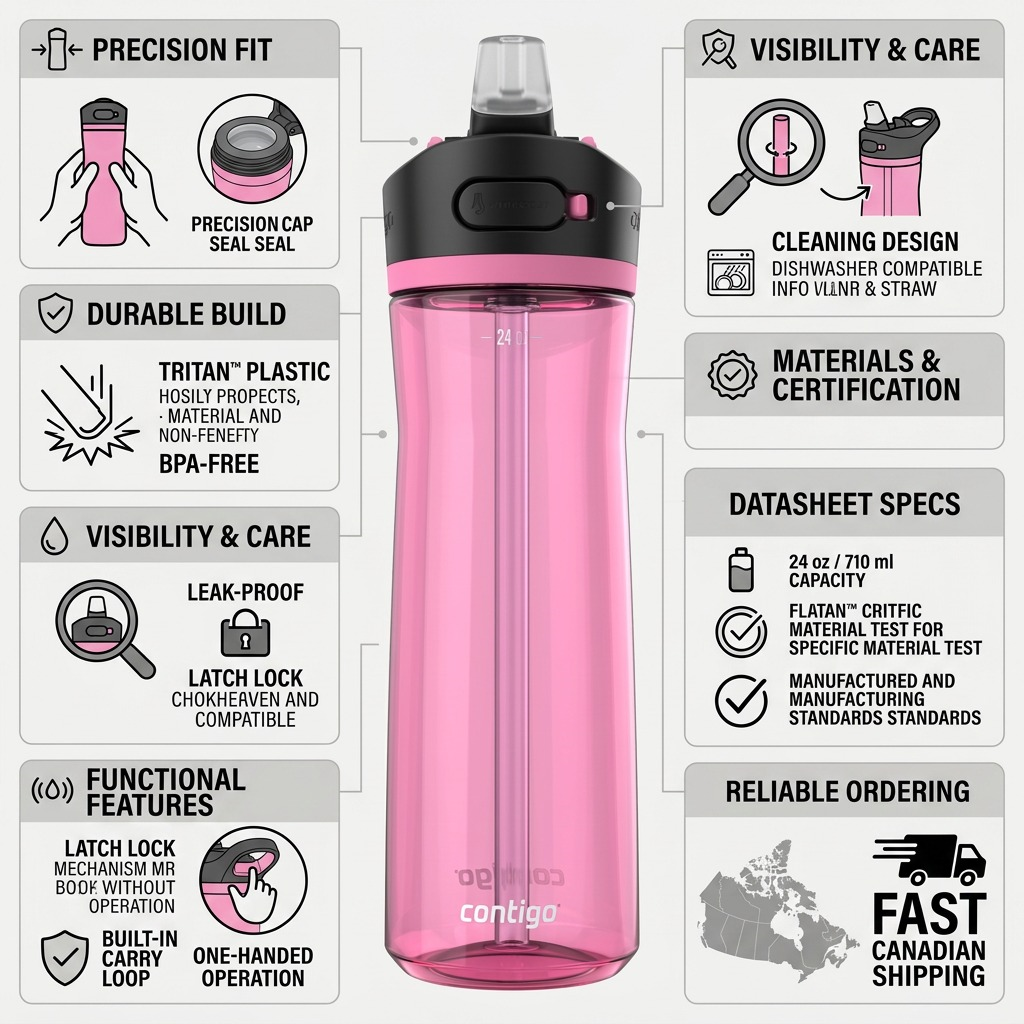 Infographic for Contigo Ashlee 2.0 pink 24oz water bottle showing BPA-free Tritan construction.